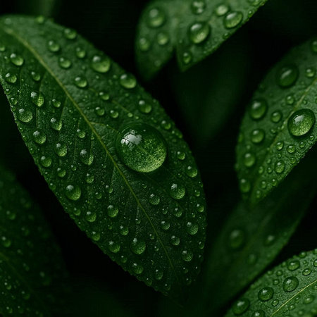Water drops on green leaves. Nature background. Close-up.