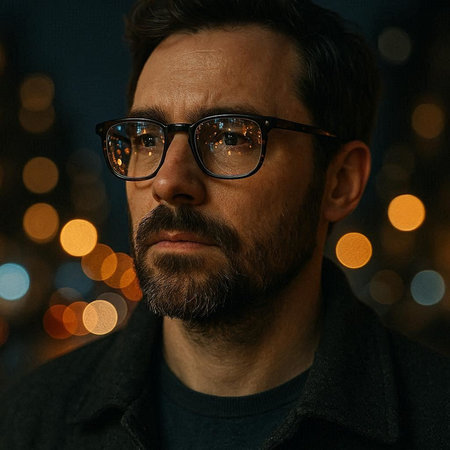 Portrait of a handsome man with a beard and glasses against a background of a night city