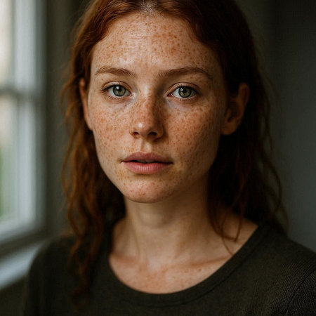 Portrait of a red-haired girl with freckles on her face