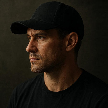Portrait of a serious man in a cap on a dark background