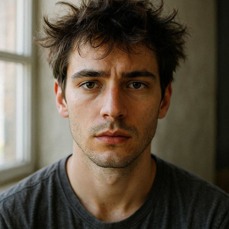 Portrait of a young man looking at camera with serious expression.