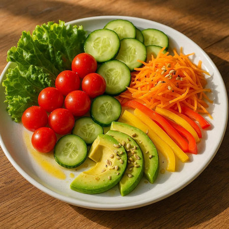 Vegetable salad with avocado, tomato, cucumber and pepperの写真素材