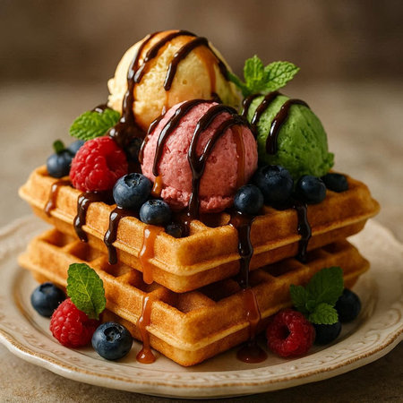 Waffles with ice cream, berries and chocolate sauce. Selective focusの写真素材