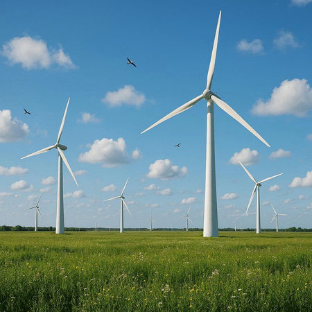 Wind turbines in a green meadow under a blue sky with clouds
