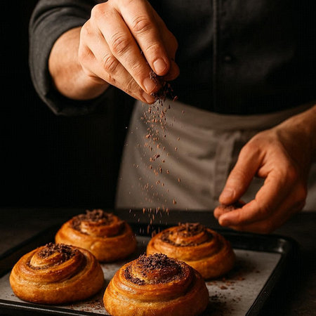 Male hands sprinkling cinnamon buns with sugar on baking sheet.