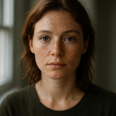 Portrait of a young woman with freckles on her faceの写真素材