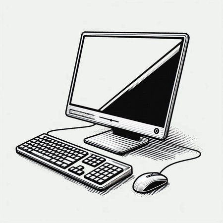 computer with keyboard and mouse on the white background, vector illustration.