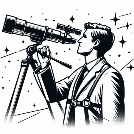Astronaut looking through a telescope. Pop art retro vector illustration