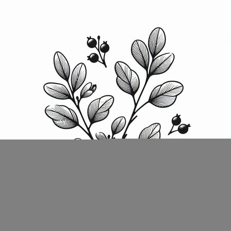 Hand drawn branch with berries and leaves. Black and white vector illustration.