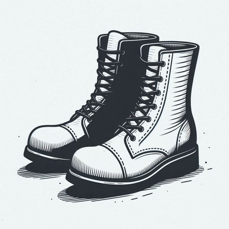 Hand drawn vector illustration of a pair of hiking boots. Retro style.