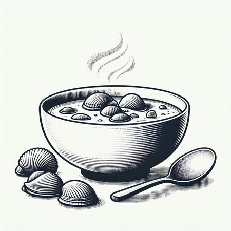 Illustration of a bowl of soup with clams and a spoonの写真素材