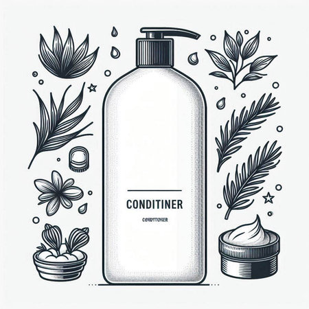 Cosmetic bottle and cream with floral elements. Vector hand drawn illustration.