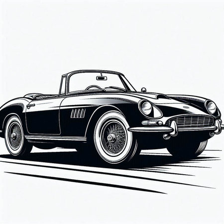 vintage american car, hand drawn vector illustration in black and white