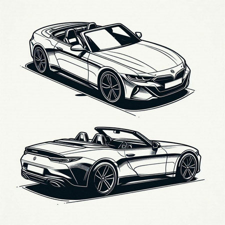 Set of vector illustrations of a sports car in monochrome colors