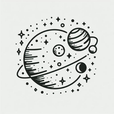 Hand drawn doodle planet and stars. Vector illustration. Space theme.