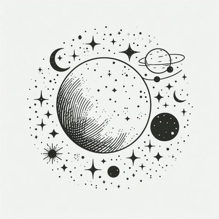 Hand drawn vector illustration of planets and stars in vintage style. Tattoo art.