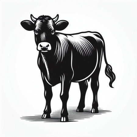 Black and white vector image of a cow on a white background.