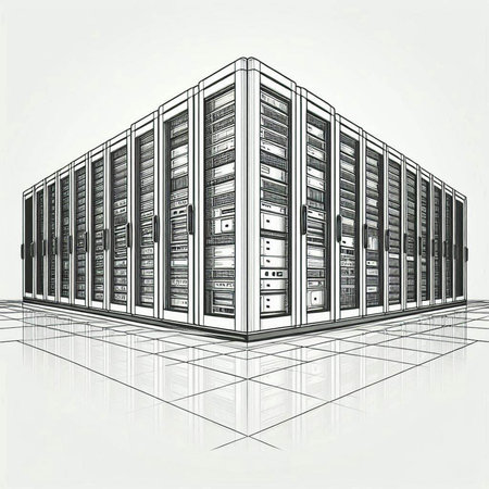 network server room 3d render on white background with reflection, vector illustration