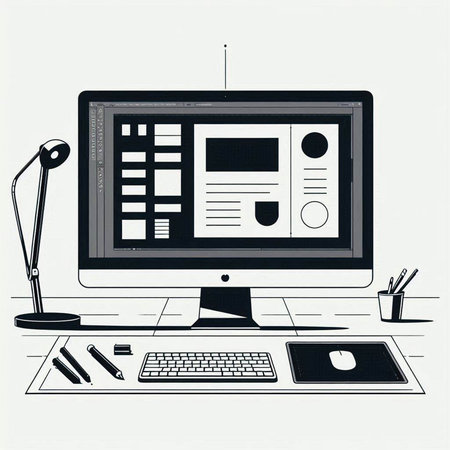 Illustration of a graphic designer desktop with computer, keyboard, mouse, pencils and other tools