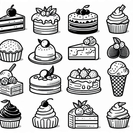 dessert doodle icon set in black and white vector illustration