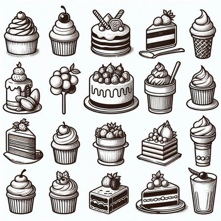 Cake doodle icon set. Hand drawn vector illustration.