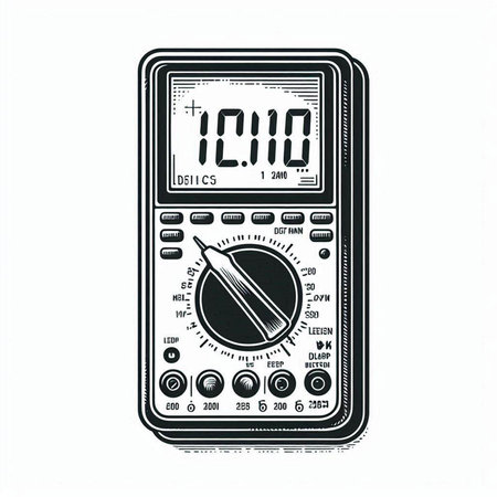 Digital multimeter. Electronic device. Black and white vector illustration.