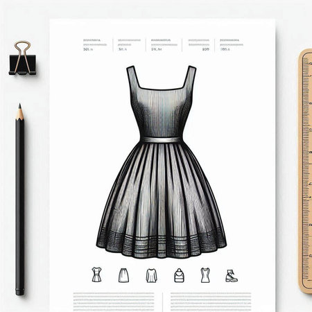 Stylish fashion sketch with dress and stationery on white background.の写真素材
