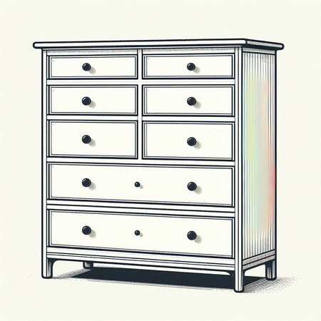 Drawing of a chest of drawers on a white background.