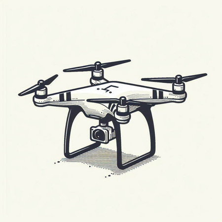 Drone with camera. Hand drawn vector illustration in sketch style.