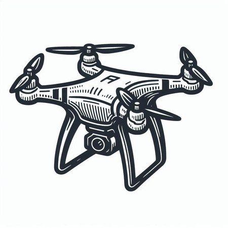 Drone quadcopter with camera. Black and white vector illustration.