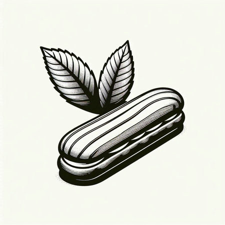 Eclair with mint leaves sketch engraving vector illustration. Scratch board style imitation. Black...
