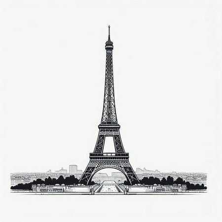 Eiffel Tower in Paris, France. Black and white vector illustration.