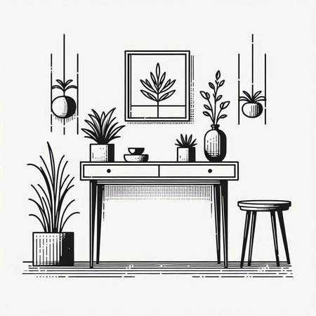 Furniture and interior design. Vector illustration in black and white.
