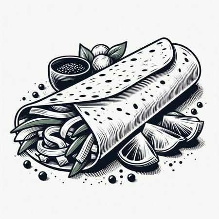 Burrito with olives, onion and lemon. Hand drawn vector illustration.の写真素材