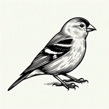 Singing goldfinch in engraving style vector illustration.の写真素材
