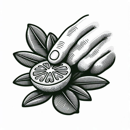 Lemon with leaves. Ink black and white drawing. Vector illustration.の写真素材