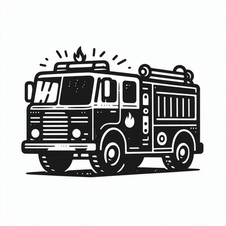 Fire truck. Black and white vector illustration. Isolated on white background.