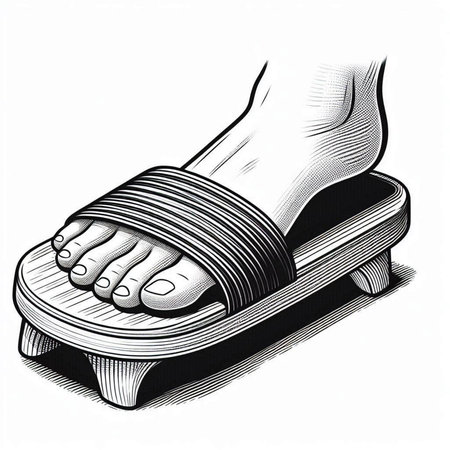 Foot massage on the massage table. Engraved style vector illustration.