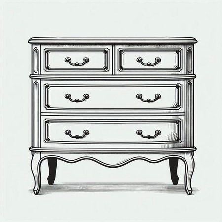 drawing of a vintage chest of drawers on a white backgroundの写真素材
