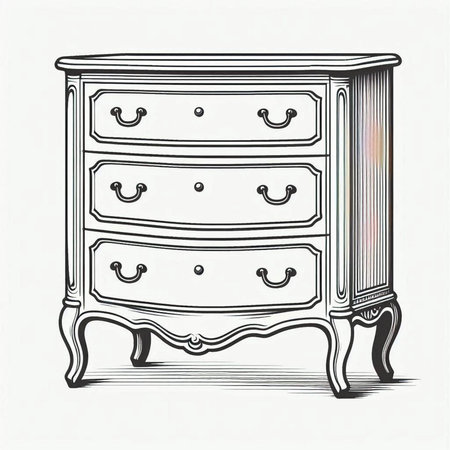 drawing of a vintage chest of drawers on a white backgroundの写真素材