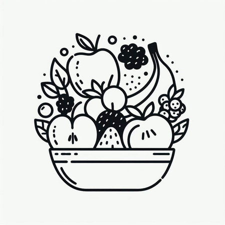 Vector hand drawn illustration of a bowl with fruits and berries. Doodle style.の写真素材
