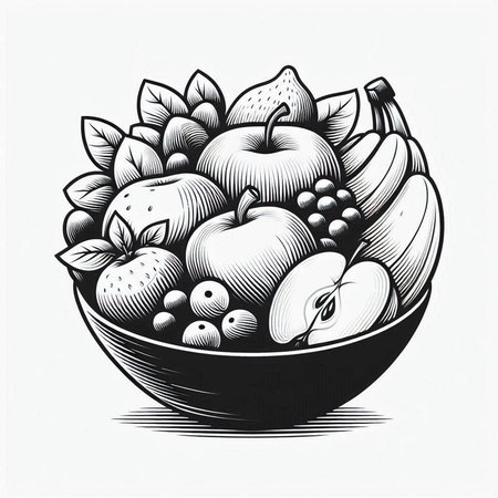Hand drawn vector illustration of a bowl full of fruits and vegetables.の写真素材