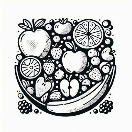 Vector illustration of a bowl with fruits and vegetables. Doodle style.の写真素材
