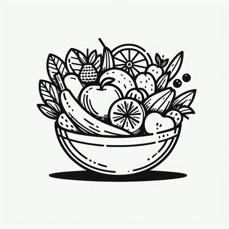 Hand drawn vector illustration of a bowl full of fresh fruits and vegetablesの写真素材