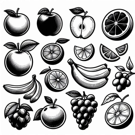 Set of black and white fruit icons. Hand drawn vector illustration.の写真素材