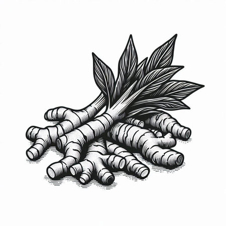 Ginger root with leaves. Ink black and white engraving illustration