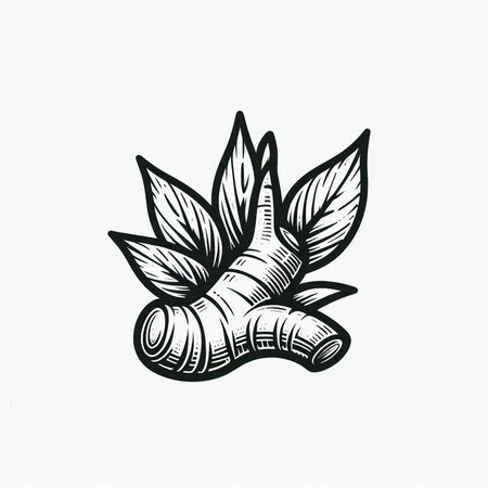 Ginger root and leaves. Hand drawn vector illustration in sketch style.