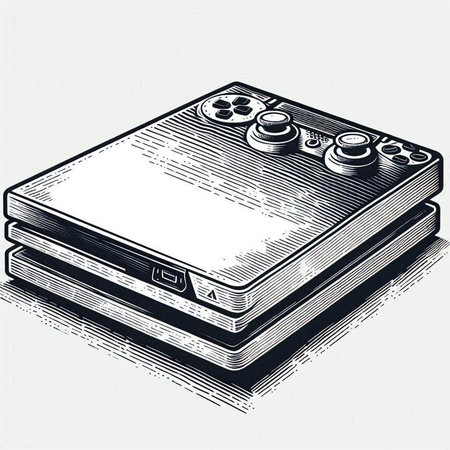Retro videogame console in engraving style. Vector illustration.