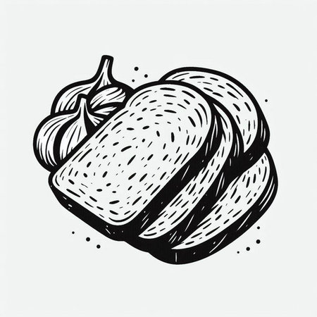 Vector hand drawn illustration of bread and garlic. Black and white.の写真素材