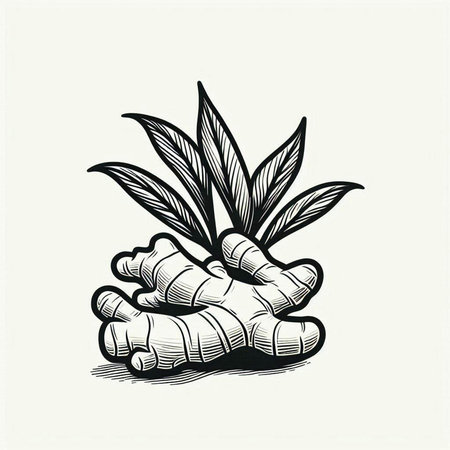 Ginger root and leaves. Hand drawn vector illustration in sketch style.